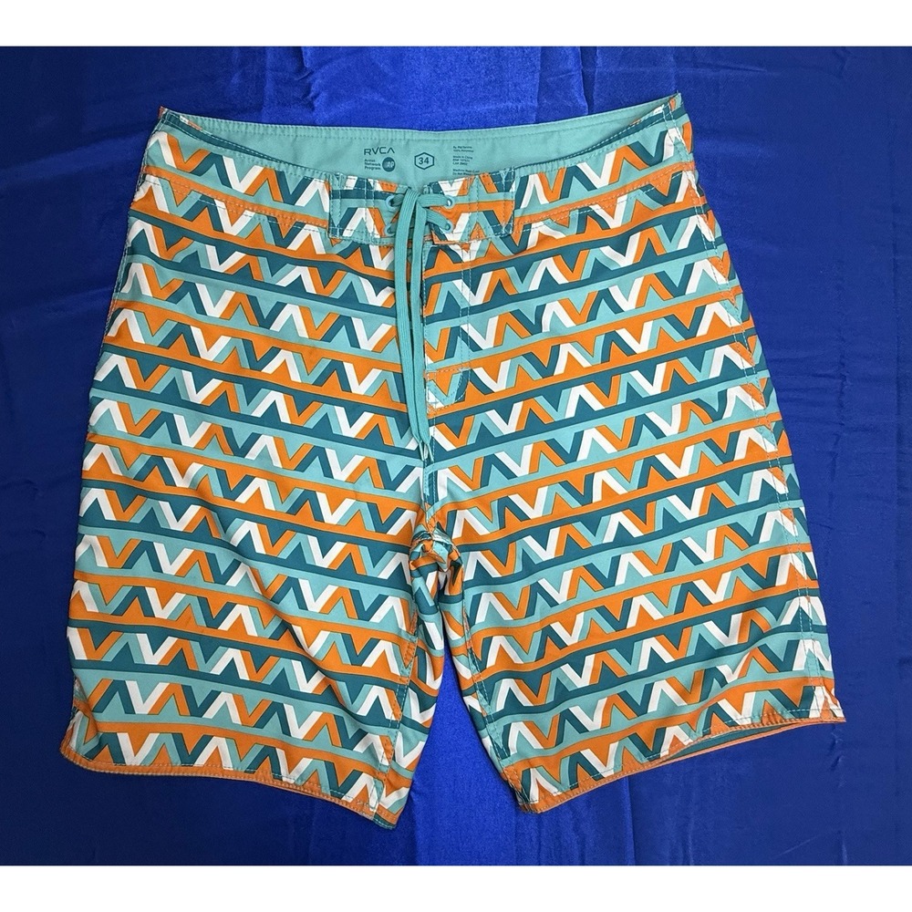 RVCA Men's 36 (Actual Size) Board Shorts Surf Swimwear Green Orange Geometric